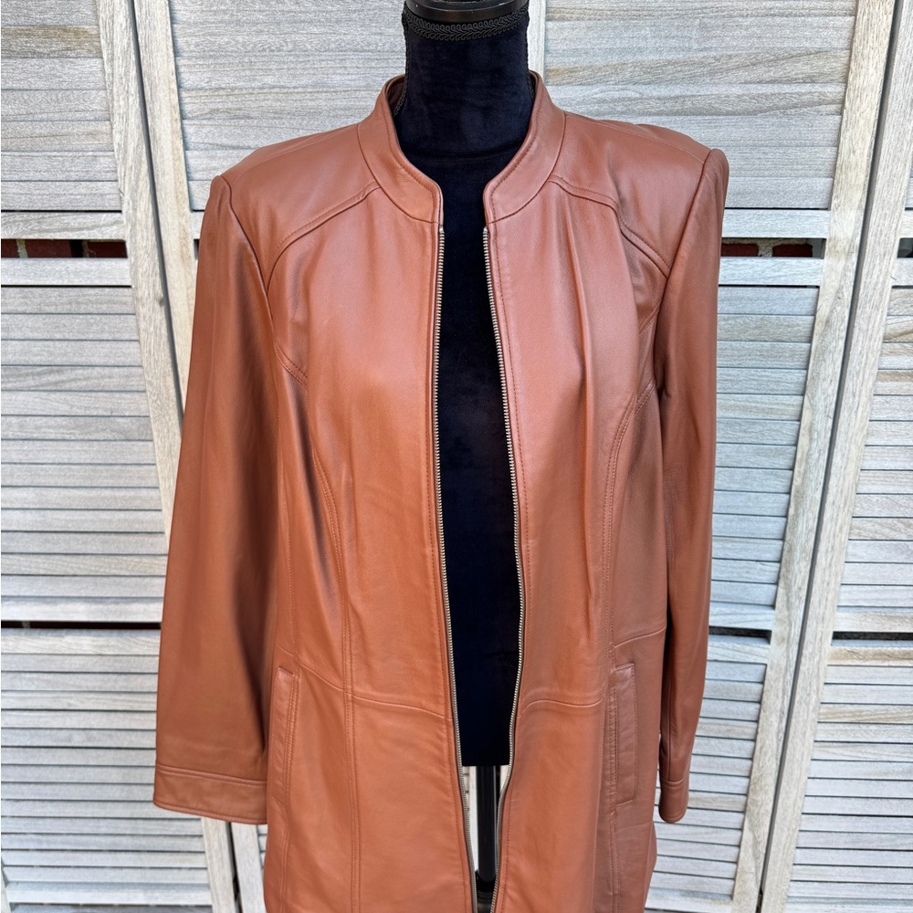 D&Co Women’s Lambskin Leather Jacket Long Zip Front Stand Collar Brown XL